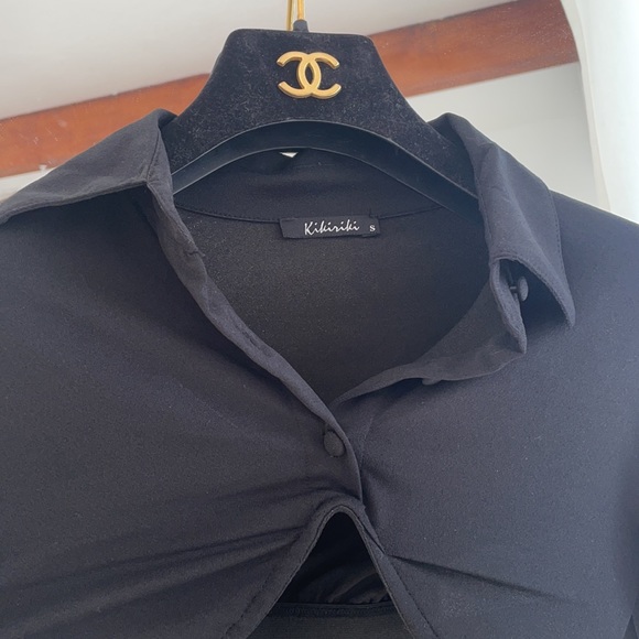 Black Shirt Collar Crop Top - Picture 3 of 6